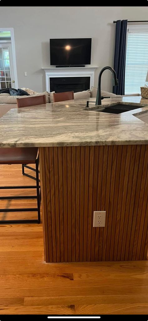 Wood Paneling On Kitchen Island, Island Wood Paneling, Kitchen Island Wood Paneling, Litchen Island, Kitchen Panelling, Kitchen Island Wood, Marble Counter, Kitchen Upgrades, Wood Paneling