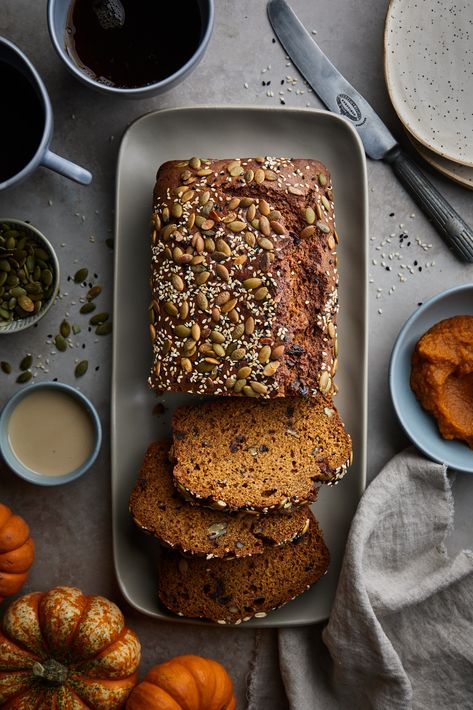 Pumpkin Tahini Date And Nut Bread | Olive & Mango Pumpkin Tahini, Pumpkin Layer Cake, Tahini Date, Uni Meals, Vegan Dessert Bars, Maple Cream Cheese Frosting, Date Nut Bread, Maple Cream Cheese, Native Foods