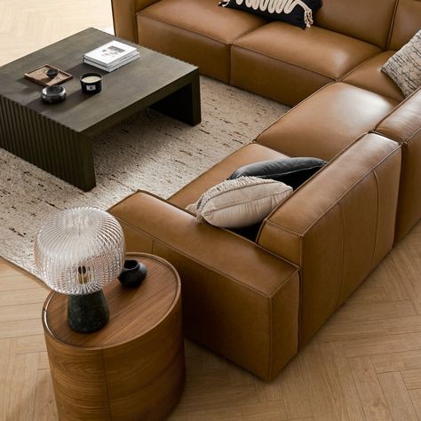 Jonathan Leather L-Shape Sectional Sofa | Castlery US Coffee Table For Leather Sectional, Brown Leather L Shaped Couch, Restoration Hardware Sectional Leather, Brown Leather Modular Sofa, Tan Leather Sectional Living Room Ideas, Brown Leather Sofa Living Rooms, Tan Leather Couch Living Room Modern, Light Brown Couch Living Room Ideas Colour Schemes, Contemporary Lounge Design