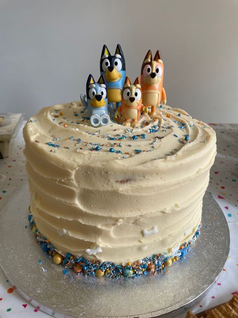 Bluey Cake With Figurines, Easy Diy Bluey Cake, Chocolate Bluey Cake, Homemade Bluey Birthday Cake, Small Bluey Cake, Birthday Cake Bluey Theme, Homemade Bluey Cake, Easy Bluey Birthday Cake, Bluey Cake Easy