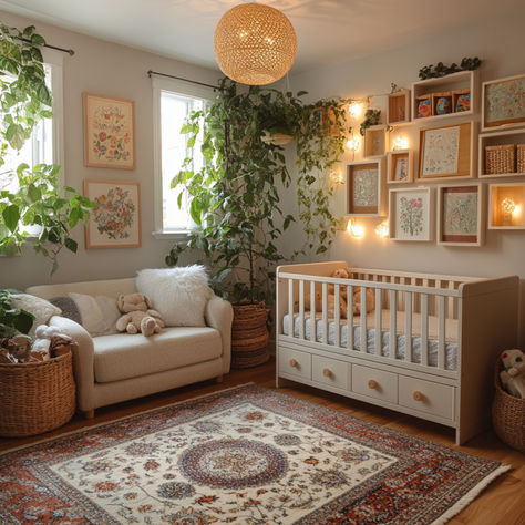 Classy Boho Nursery Decor Ideas Nature Girl Nursery, Plant Nursery Aesthetic, Simple Gender Neutral Nursery, Nursery In Master Room, Earthy Nursery Ideas, Plant Themed Nursery, Relaxing Nursery, Wildflower Nursery Theme, Forest Baby Rooms