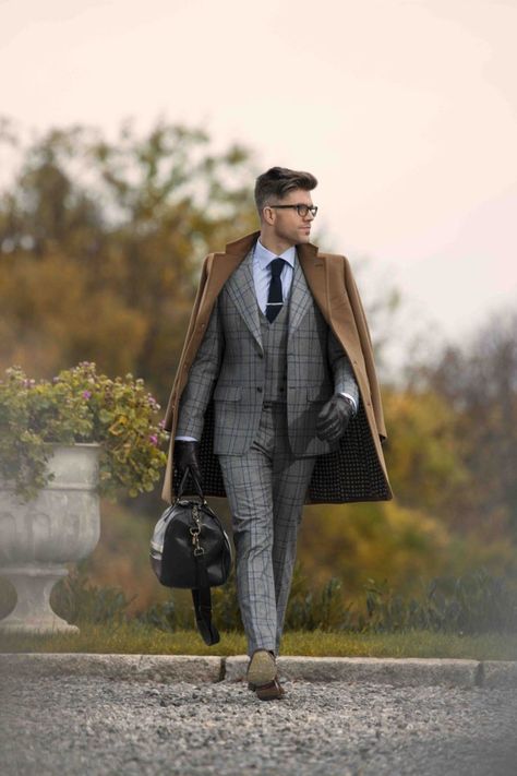 stylish-fall-2014-men-outfits-for-work-18 | Styleoholic Gentleman Mode, Brown Overcoat, Style Gentleman, A Man In A Suit, Light Blue Dress Shirt, Man In A Suit, Grey Suit, Paris Mode, Blue Shirt Dress