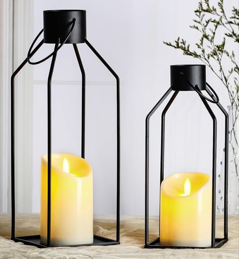 Lantern Decorative：NITIME black metal candle lanterns are the perfect way to add a touch of elegance and warmth to any space. Made from durable and sturdy black metal, They have classic and stylish designs, match 2 realistic flickering LED candles, providing a safe and convenient choice for the use of the lantern. Suitable for modern decoration and farmhouse decoration. About Size: Our set is composed of 2 black metal candle lanterns and 2 LED candles. The size of the larger lanterns is 4.5x4.5 Glass Light Globes, Outdoor Candle Lanterns, Metal Candle Lanterns, Outdoor Candle, Farmhouse Lantern, Indoor Lanterns, Table Fireplace, Small Lanterns, Home Decor Brand