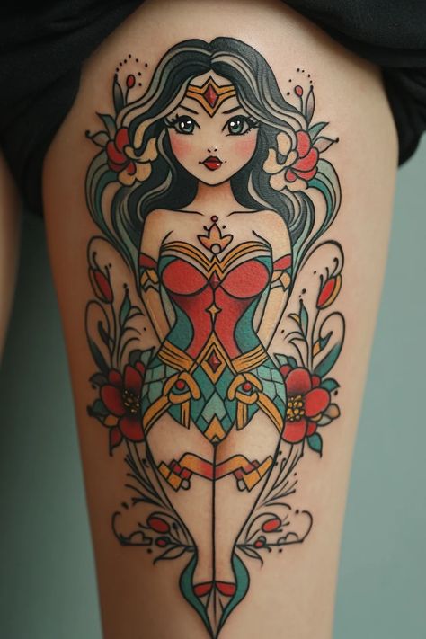 wonderwoman 59 American Traditional Pinup Tattoo, Pinup Tattoos For Women, Traditional Lady Tattoo, Wonder Woman Tattoos, Pinup Tattoos, Wonder Woman Tattoo, Rosie Riveter, Woman Tattoos, Pinup Tattoo