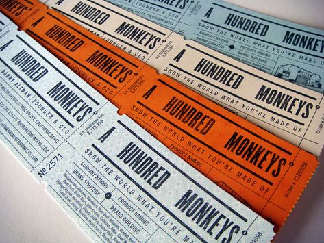 Designed to look like tickets, these full-size cards are letterpressed, die-cut, perffed and crash numbered. Letterpress Business Card Design, Die Cut Business Cards, Card Creative, Letterpress Business Cards, Ticket Design, Business Card Design Creative, Flyer Design Inspiration, Business Card Inspiration, 카드 디자인