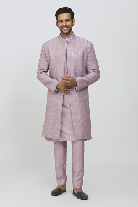 Open Sherwani, Lavender Suit, Engagement Aesthetic, Reception Outfits, Embroidered Sherwani, House Warming Ceremony, Purple Wedding Theme, Sherwani For Men, Indo Western Dress