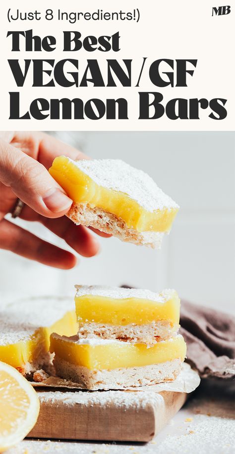 Vegan, gluten-free lemon bars that taste just like the real thing: super lemony with a buttery shortbread crust! Just 8 ingredients required for this show-stopping dessert! Vegan Shortbread Crust, Vegan Lime Dessert, Paleo Lemon Bars, Vegan Lemon Bars, Lemon Cookies Easy, Homemade Cashew Milk, Vegan Shortbread, Gluten Free Lemon Bars, Lemon Loaf Cake