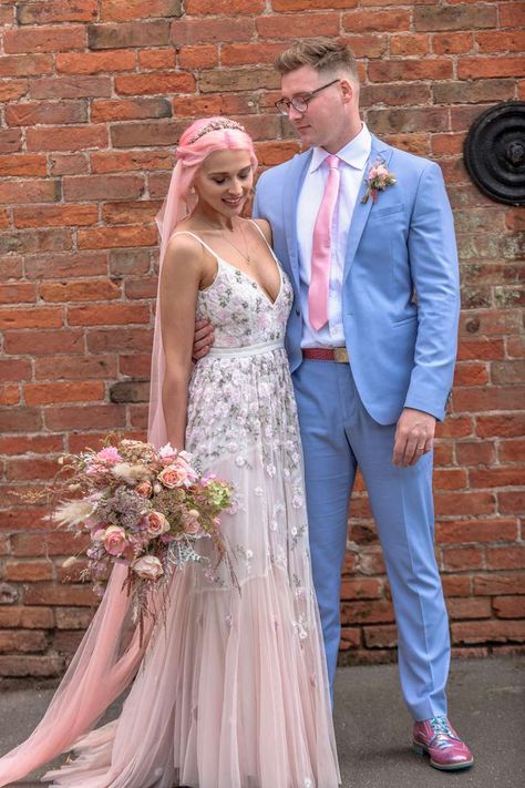 A Pretty in Pink, DIY Back Garden Wedding · Rock n Roll Bride Mid Size Bride Bohemian, Bright Pink Wedding Dress, Pink Encouraged Wedding, Rock Wedding Dress, Pink Hair Bride, Wedding Walkway, Alternative Wedding Inspiration, Back Garden Wedding, Wedding Fairy