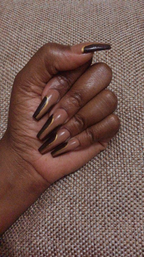 Chocolate And Gold Nails, Black And Brown Nails, Brown And Gold Nails, Tapered Square Nails, Brown Nails, Birthday Nails, Square Nails, Gold Nails, Mani Pedi