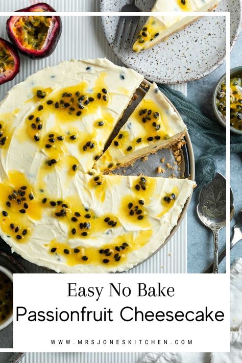 No Bake Passionfruit Cheesecake Passionfruit Cheesecake, Passionfruit Recipes, No Bake Blueberry Cheesecake, Healthy Cheese, Healthy Cheesecake, Recipe Tin, Easy No Bake, Light Desserts, Blueberry Cheesecake