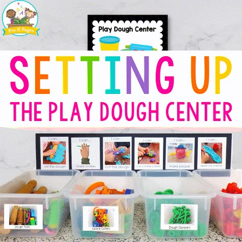 Preschool Ela Centers, Kindergarten Play Dough Activities, Play Doh Center Ideas, Play Doh Station Center Ideas, Play Dough Center Ideas, Play Based Kindergarten Centers, Playdoh Center Ideas, Play Doh Center, Center Storage Kindergarten