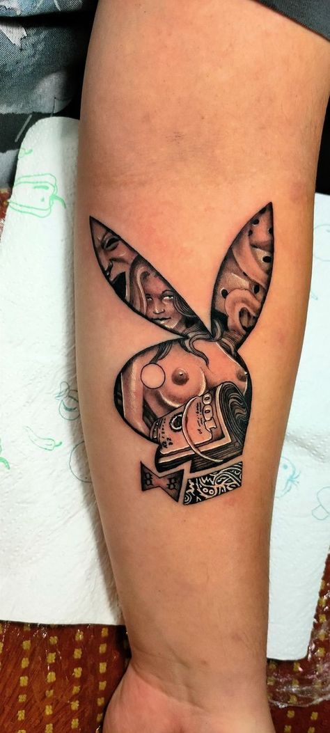 Evil Bunny Tattoo, Playboy Bunny Tattoo Design, Playboy Bunny Tattoo, Playboy Tattoo, Xo Tattoo, Loyalty Tattoo, Evil Bunny, Cherry Tattoos, Clown Tattoo