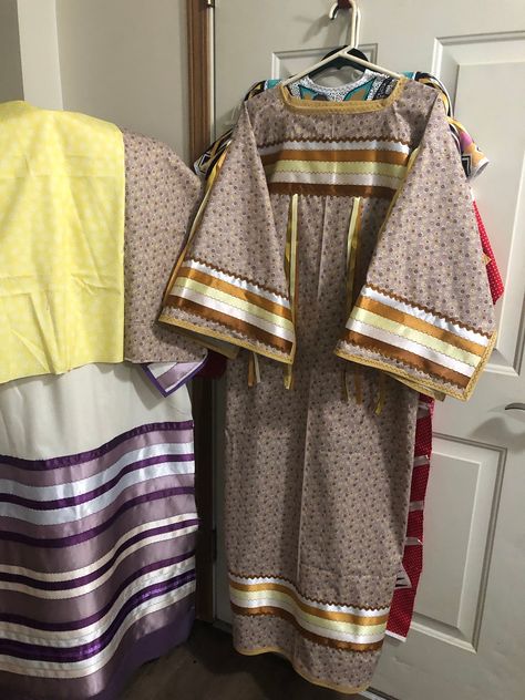 Beautiful XL/L Traditional  taupe and yellow calico  Woman's Ribbon dress and matching shawl.  Cotton fabric and satin ribbon.  Dress measures 47" width and 54.5" long. shawl will be traditional at 60"x60". appliqués on shawl and fringe to come.  Blessings! Native Ribbon Dress, Ribbon Dress Native American, Rez Dogs, Fancy Shawl Regalia, Ribbon Dresses, Dress And Shawl, Ceremonial Dress, Native Fashion, Sundance Dress