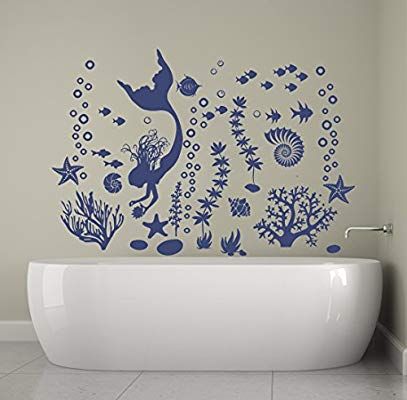 Bathroom Murals, Seaweed Art, Mermaid Wall Decals, Fish Outline, Bathroom Mural, Beach Wall Murals, Mermaid Bathroom, Decal Design, Decor Nursery