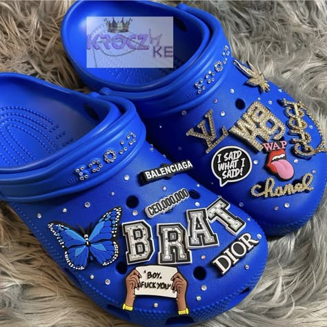 Bubble Shoes With Charms, Crocks With Charms, Bling Crocs Shoes, Bubble Slides With Charms, Blinged Out Crocs, Themed Crocs, Cute Crocs Shoes, Croc Designs, Designer Crocs