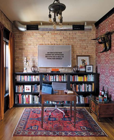 Originally highlighted on the cover of our 2019 Remdodeling Guide, this revamped three-story condo in South Minneapolis features exposed brick walls and ventilation that speak to the space’s storied history. Check out the combined library, office, and living space here.  📸 by Scott Amundson Photography Brick Wall Study, Bookshelf On Brick Wall, Brick Accent Wall Office, Brick Apartment Decor, Exposed Brick Basement, Brick Wall Office, Exposed Brick Loft, Wood Mantle Fireplace, Podcast Setup