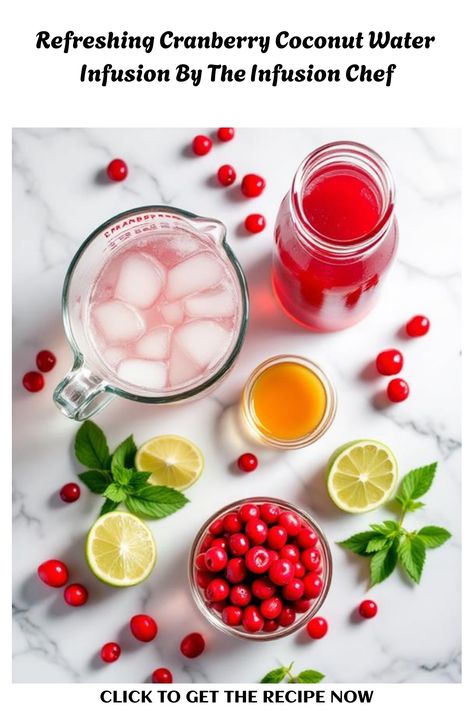 Ingredients for cranberry coconut water infusion arranged on a white surface, including a pitcher of ice water, a jar of cranberry juice, fresh cranberries, lime slices, and mint leaves. Cranberry Water Recipe, Lemon Drink Recipes, Coconut Water Recipes, Water Infusion, Infused Recipes, Coconut Water Benefits, Lemon Drink, Chef Inspiration, Pressed Juice