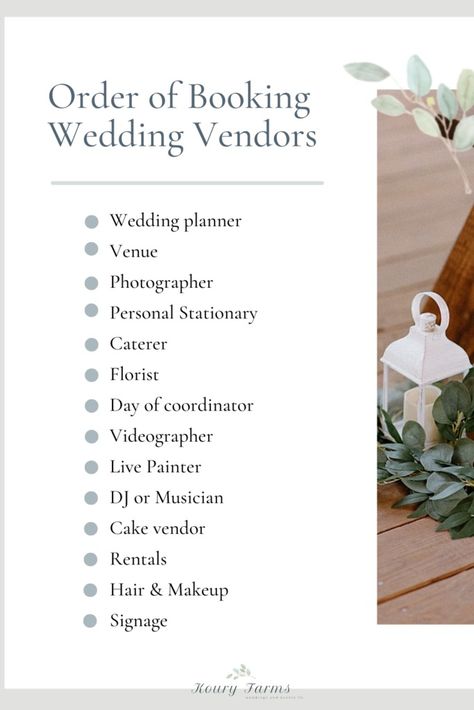 Wedding Vendor Checklist - kouryfarmsweddingsandevents.com Wedding Planning Vendor Checklist, Wedding Vendor Booking Timeline, Vendors For Wedding Checklist, Vendor Checklist Wedding, When To Book Wedding Vendors, List Of Wedding Vendors Needed, Order Of Wedding Planning, Wedding Vendor Checklist, Gala Checklist