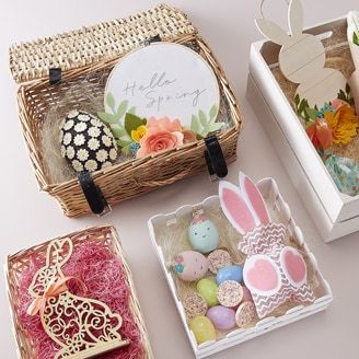 Easter Crafts & Ideas | Hobbycraft Easter Hampers, Easter Hamper, Clover Pom Pom Maker, Easter Bunny Treats, Hamper Gift Basket, Wicker Hamper, Ceramic Bunny, Pink Foil, Crafts For Boys