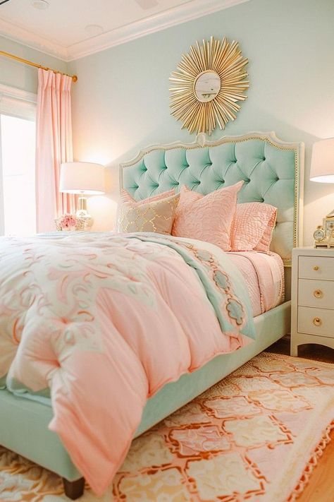 Pink And Teal Bedroom, Pink And Gold Bedroom, Mint Green Room, Green Room Design, Apartment List, Ocean Bedroom, Pink Bedroom Ideas, Preppy Bedroom, Teal Bedroom