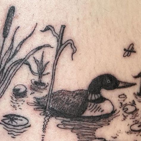 Duck Pond Tattoo, Jack Pine Tattoo, Lake Scene Tattoo, Pond Tattoo Ideas, Wood Duck Tattoo, Mallard Duck Tattoo, Loon Tattoo Ideas, Swamp Tattoo, Pond Tattoo