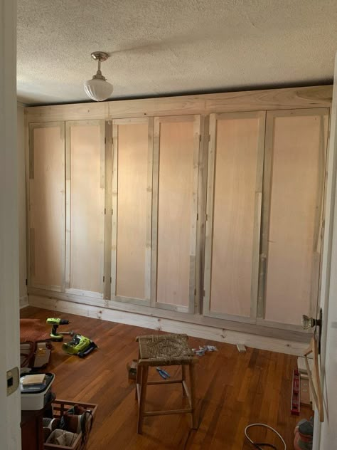 Built In Wall Wardrobe, Wall To Wall Closet Bedroom, Diy Wardrobe With Sliding Doors, Diy Wall To Wall Closet, Farmhouse Bedroom Built Ins, Diy Freestanding Wardrobe, Diy Wardrobe With Doors, Diy Built In Armoire Closet, Wall Closet Designs Built Ins