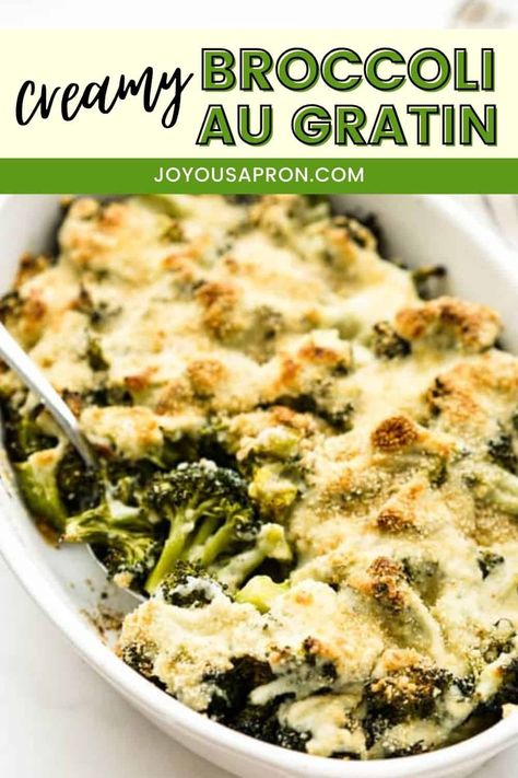 Broccoli au Gratin - creamy and cheesy broccoli casserole recipe! Roasted seasoned broccoli is topped with a creamy bechamel sauce and a golden brown parmesan and breadcrumbs topping. It's the perfect vegetable side dish for the Thanksgiving and Christmas holidays. Broccoli Gratin Recipes, Broccoli Medley Recipes, Broccoli Au Gratin Recipe, Broccoli Au Gratin, Joyous Apron, Broccoli Gratin, Salmon Veggies, Broccoli Casserole Recipe, Seasoned Broccoli