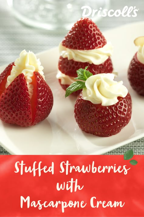 This delightful dessert is an easy take on cheesecake stuffed strawberries. Filled with a quick mascarpone cream, these stuffed strawberries are fun to make and decorate. These bite-sized goodies make a great dessert any time of year. Cream Filled Strawberries, Marscapone Strawberries, Mascarpone Strawberries, Stuffed Strawberries With Cream Cheese, Stuffed Strawberries, Dessert Shooters Recipes, Mascarpone Creme, Strawberry Filling, Strawberry Cream Cheese