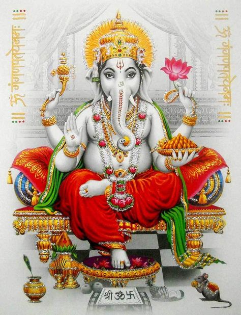 DIVINE AUSPICIOUS GOD Ganesha Hindu God POSTER with glitter 9" X 11" (356) $15.99 - PicClick God Ganesha Images, God Wallpaper Hindu Ganesh, Hinduism Ganesha, Gowri Ganesha Images, Lord Ganesha Warrior, Ganesha Artwork, Hindu God, Ganesha, Good Quality