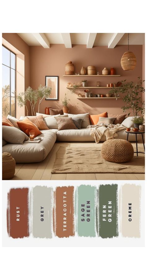 Clay Living Room Paint Colors, Grey Beige Terracotta Living Room, Grey And Rust Color Scheme, Mushroom Wall Color Living Room, Terracotta Cottage Living Room, Southwestern Color Palette Living Room, Earth Tone Wall Paint Colors, Green And Terracotta Color Scheme Living Room, Green Orange Brown Color Palette Living Room