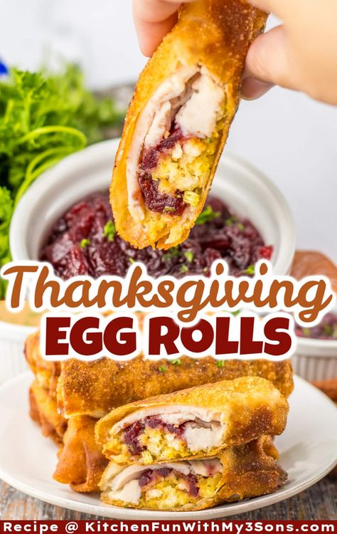 These Thanksgiving Egg Rolls are the perfect way to use leftovers from your Holiday dinner! These crispy rolls are filled with delicious turkey, cranberry sauce, stuffing and mashed potatoes, capturing the beloved flavors of Thanksgiving in a single bite. Thanksgiving Egg Rolls, Turkey Egg Rolls, Work Treats, Thanksgiving Recipes Side Dishes Easy, Turkey Rolls, Egg Roll Filling, Crispy Rolls, Fall Crockpot Recipes, Turkey Cranberry