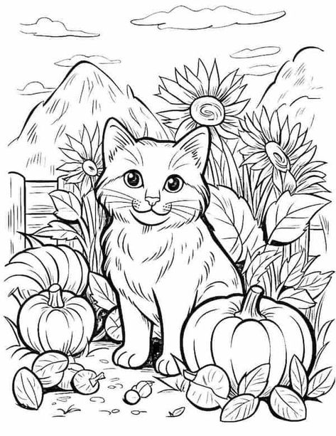 Cute cat and pumpkin Autumn Colouring Pages, Halloween Cat Coloring Pages, Cat Coloring Pages Free Printable, Cute Cat Coloring Pages, Thanksgiving Coloring Book, Free Thanksgiving Coloring Pages, Cat Coloring Pages, Thanksgiving Coloring, Fall Coloring