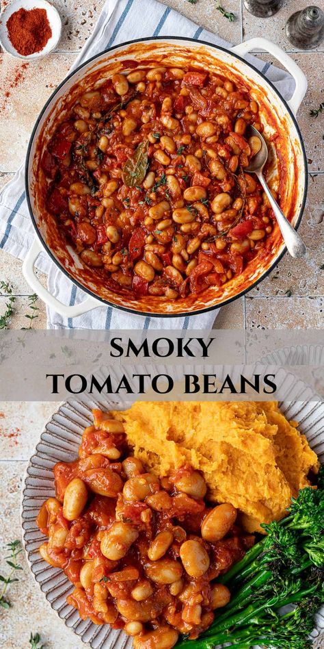 Smoky tomato beans - this easy, healthy vegan dish is quick to make, nutritious and full of flavour. Serve with sweet potato mash and greens for a satisfying plant-based meal. Sweet Potato Dinner, Sweet Potato Mash, Vegan Entree, Easy Veggie, Veggie Delight, Clean Eating Dinner, Mashed Sweet Potatoes, Vegan Dinner Recipes, Bean Recipes