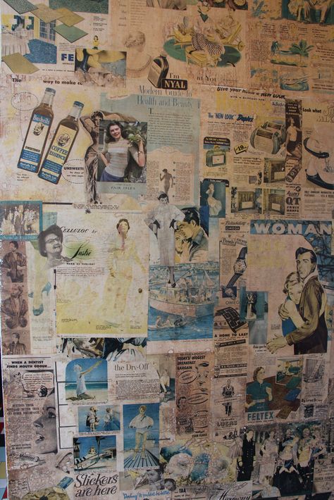 decoupage wall - Google Search Decoupage Shower Curtain To Canvas For Wall Art, Newspaper Wallpaper Bathroom, Decoupage Shower Curtain To Canvas, Bookpage Wall, Desert Restaurant, Vintage Newspaper Wallpaper Bathroom, Scrapbook Wallpaper, Long Dining Room Tables, Decoupage Wall