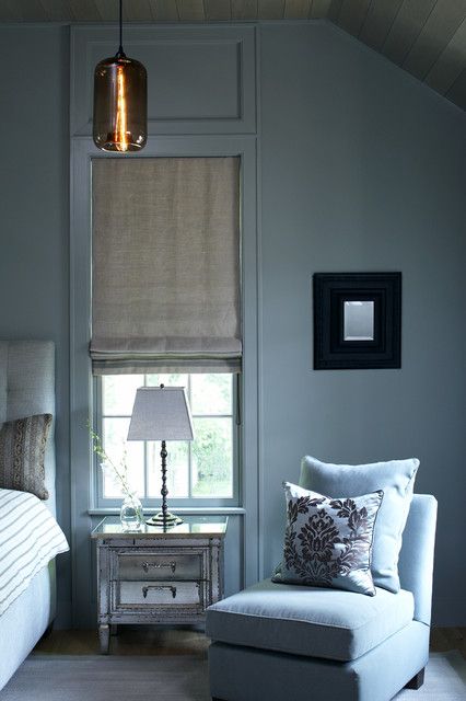 Bite Design Size Tip - Decorating in One Colour Farrow And Ball Blue Gray, Guest Bedroom Colors, Window Coverings Bedroom, Interior Window Trim, Blue Grey Walls, Monochromatic Room, Best Bedroom Colors, Bedroom Color Combination, Victorian Bedroom