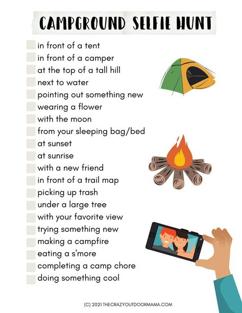 Camping Selfie   Emoji Photo Scavenger Hunt [Free Printable PDFs] Fun Camping Games For Families, Stuff To Do While Camping, Fun Camping Activities For Kids, Camping For Kids Activities, Scout Activities Ideas, Girl Scout Camping Ideas, Teen Camping Activities, Camping Games For Teens, Girl Scout Birthday Activities