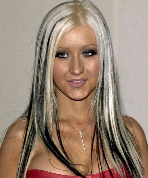 To The Nines: June 2010 Long Choppy Haircuts, Christina Aguilera Hair, Choppy Layered Hairstyles, Black Hair With Blonde Highlights, White Blonde Hair, Blonde Streaks, Black Highlights, Style Pictures, Platinum Hair