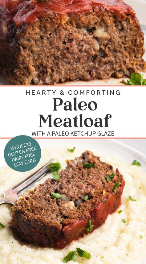 Hearty, comforting paleo meatloaf is the ultimate gluten free, grain free, no added sugar version of a classic home-cooked dinner entrée. With a rich glaze of paleo ketchup and a variety of delicious spices, this meatloaf tastes every bit as wonderful as the ones you grew up eating. Paleo Meatloaf Muffins, Bison Meatloaf Recipe, Paleo Meatballs, Paleo Ketchup, Paleo Meatloaf, Gluten Free Meatloaf, Traditional Meatloaf, Dairy Free Low Carb, Best Paleo Recipes