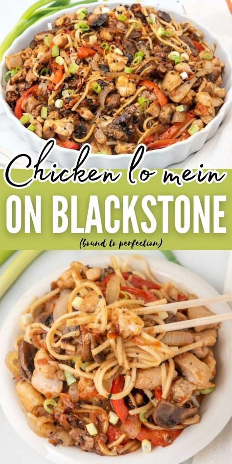 Black Stone Chicken Lo Mein, Blackstone Chicken Lo Mein Recipe, Chicken Lo Mein Recipe Blackstone, Blackstone Chicken Lo Mein, Black Stone Lo Mein, Lo Mein On Blackstone Griddle, Blackstone Noodle Recipes, Rotisserie Chicken Recipes Blackstone, Lo Mein Blackstone