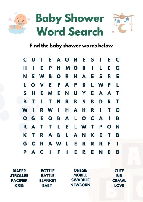 Kids Word Search, Newborn Crib, Baby Shower Wording, Word Search Games, Search And Find, Baby Shower Fun, Crossword Puzzle, Baby Cribs, Etsy Baby