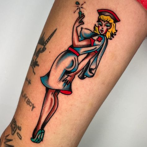 Nurse Pin Up Tattoo, Traditional Tattoo Nurse, Traditional Tattoo Pin Up Girl, Traditional Pinup Tattoo, Pin Up Nurse, Traditional Tattoo Pin Up, Tattoo Pin Up, Traditional Tattoo Woman, Pin Up Tattoo