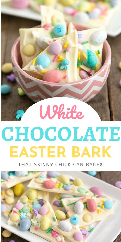 A super easy recipe for White Chocolate Easter Bark Easter Bark Recipe, Easter Chocolate Bark, Easter Candy Recipes, Easter Bark, Easter Deserts, Easter Party Food, Easy Easter Treats, Easter Dishes, Easter Snacks