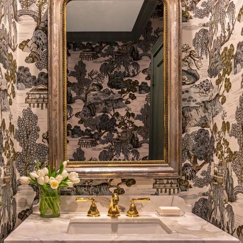 Glam Powder Room Wallpaper, Mural In Powder Room, Swanky Powder Room, Statement Wallpaper Powder Room, Wallpaper Powder Room Small Luxe, Statement Powder Room Wallpaper, Glamorous Powder Room Ideas, Wallpapered Powder Bath, Small Wallpapered Bathroom