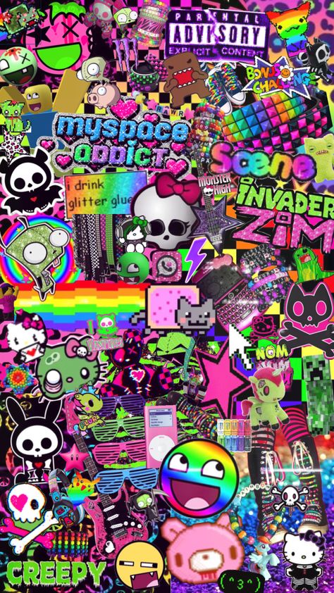 Scene Wallpaper Iphone, Scene Kid Wallpaper, Scene Emo Wallpaper, Scene Kid Aesthetic, Scene Core Wallpaper, Rainbow Scene, Scene Icons, Scenecore Art, Y2k Wallpaper Iphone