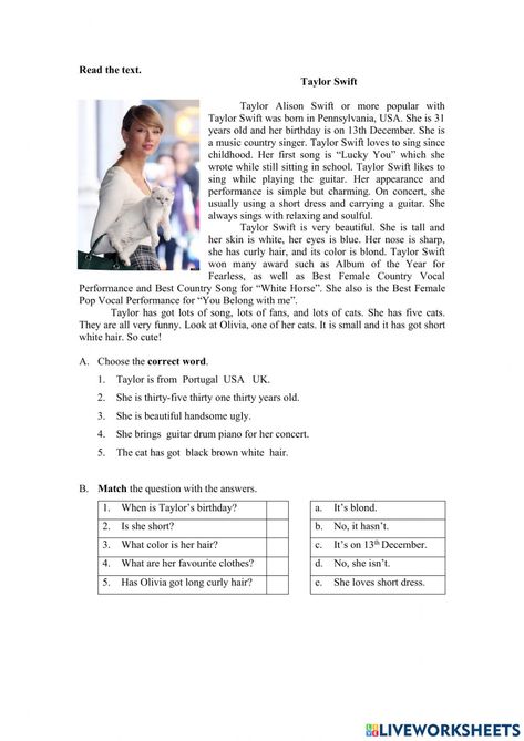 Descriptive text - Taylor Swift worksheet Reading Taylor Swift, Descriptive Text Worksheet, Taylor Swift Worksheet, Taylor Swift Vocabulary, English Text Reading, Taylor Swift Activities, Free English Courses, Reading Comprehension Texts, Text English