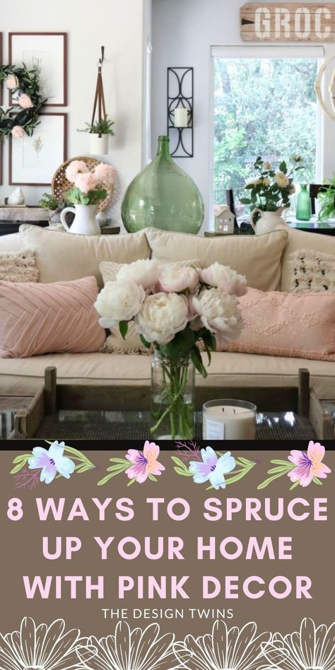 Did someone say pink decor? It's so easy to transform your house or apartment with these eight winning ideas for incorporating this trendy color. Blush Pink Sitting Room, Blush Accents Living Room, Decorating With Pink Accents, Rustic Pink Living Room, Blush Pink Living Room Decor, Blush Pink And Green Living Room, Tan And Pink Living Room, Pastel Apartment Living Room, Living Room Pink Accents