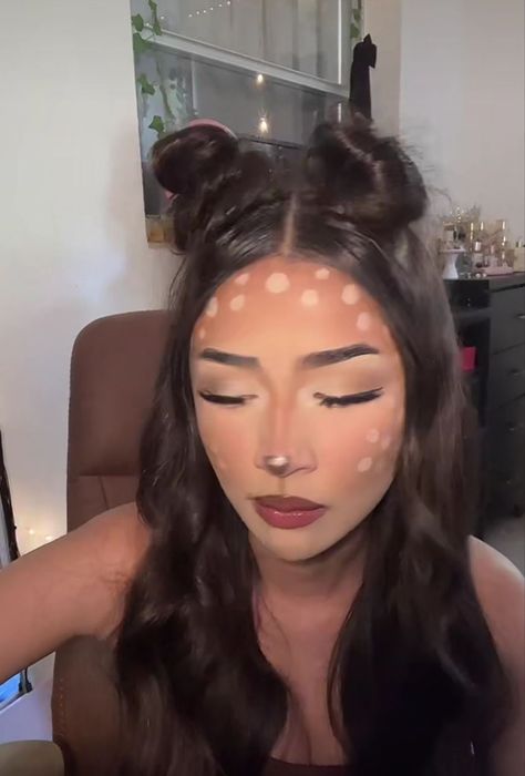 Dear Makeup Look, Doe Makeup Halloween, Animal Makeup Halloween, Bambi Halloween, Bambi Costume, Dear Makeup, Bambi Makeup, Deer Halloween Makeup, Deer Halloween Costumes