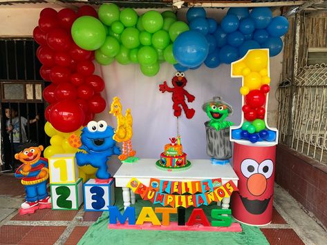 Seaseme Street Birthday Party, Elmo Birthday Party Boy, Sesame Street Birthday Cakes, First Birthday Decorations Boy, Elmo First Birthday, Backyard Birthday Parties, Cookie Monster Birthday, Boys First Birthday Party Ideas, Elmo Birthday Party