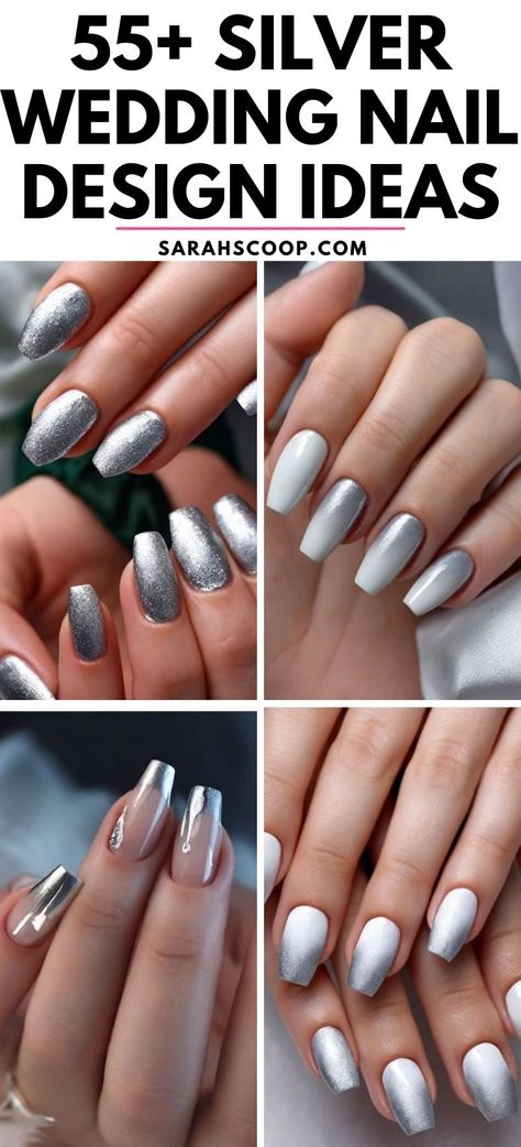 Sparkle and Shine on Your Big Day with These Exquisite Silver Nail Designs!✨💅  #naildesigns #weddingnails 25th Anniversary Nails, Dip Nails For Wedding, Silver Nail Polish Ideas, Silver Wedding Nails For Bride, Platinum Nail Designs, Silver Nails For Wedding, Gray And Silver Nail Designs, Wedding Nails Mother Of Groom, Silver Sns Nails