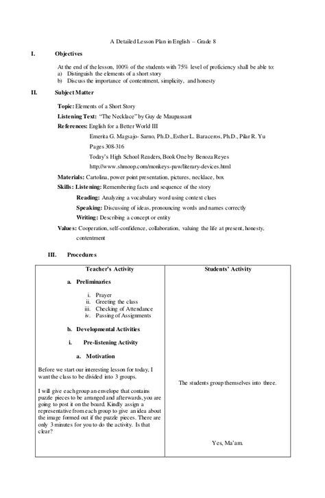 A Detailed Lesson Plan in English – Grade 8 I. Objectives At the end of the lesson, 100% of the students with 75% level of... Grade 8 English Lesson Plans, Vowel Lessons, Pronoun Activities, Essay Writing Competition, Lesson Plan Template Free, First Grade Lessons, English Lesson Plans, Reading Lesson Plans, Daily Lesson Plan